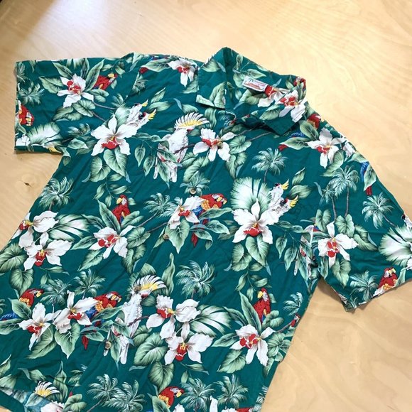 Evergreen Island Hawaiian Shirt Size L Men’s Button Up Green Cockatoos & Flowers - Picture 2 of 7